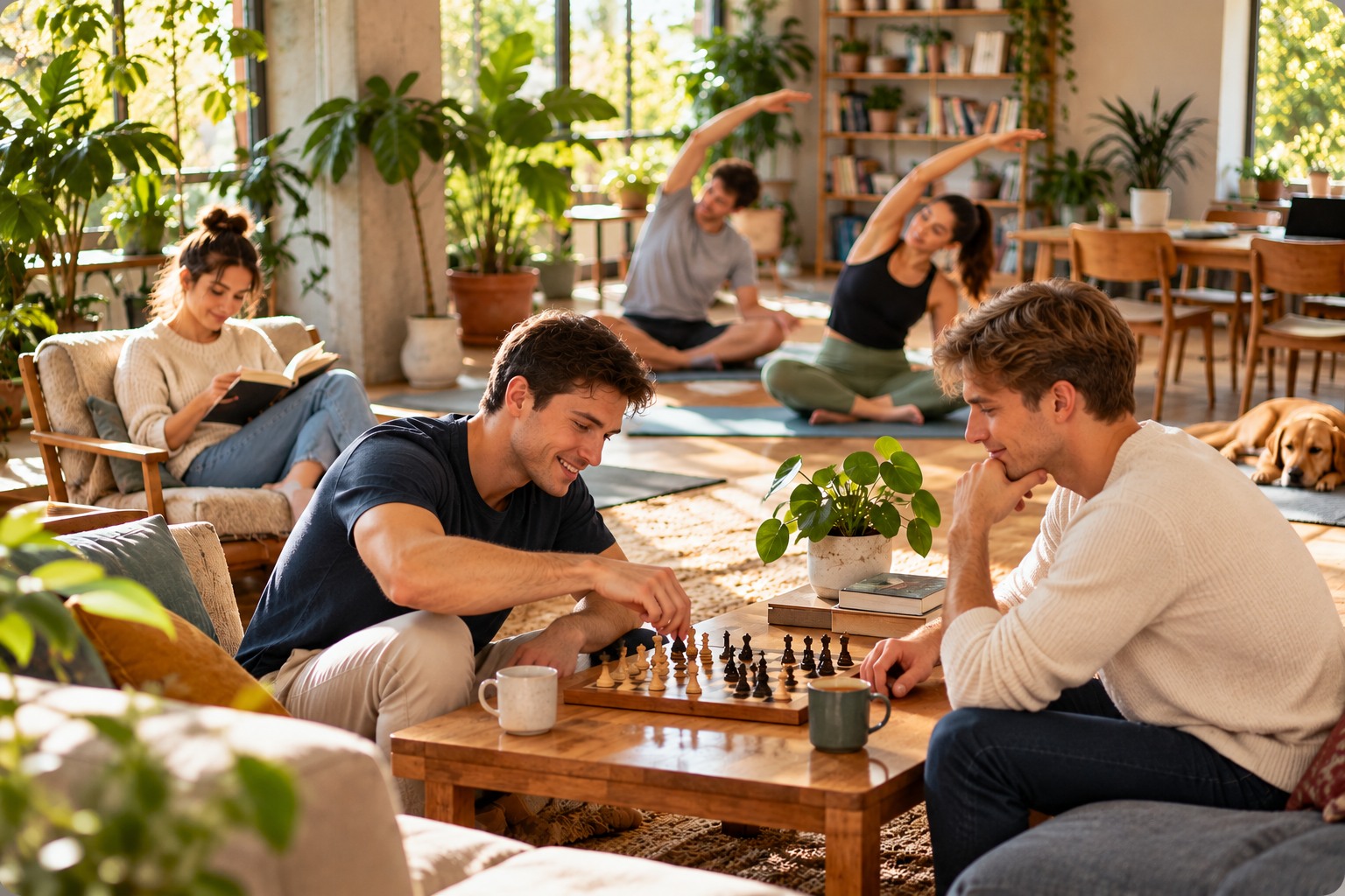 Erwachsene spielen Schach, lesen und machen gemeinsam Dehnübungen in einem Wohnbereich